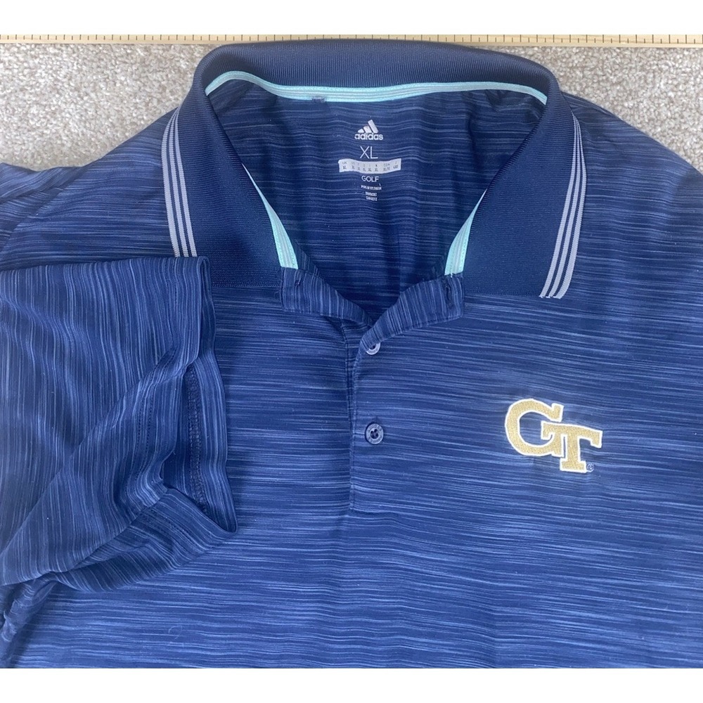 Adidas Golf Blue Striped Polo Mens XL Geoegia Yellow Jackets Preppy Performance